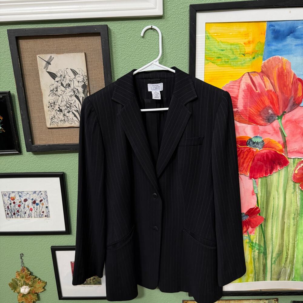 Ann Taylor Loft Blazer Women SZ 8 Black Pinstripe Rayon Wool Blend Career Goth